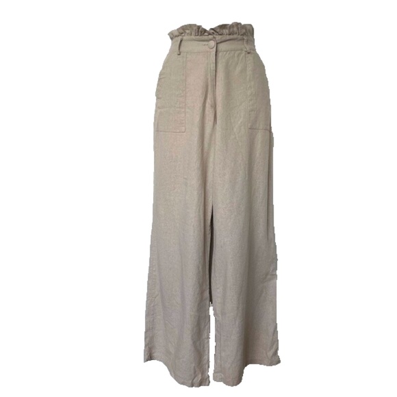 Mirage Pants Linen Blend Paper Bag Waist Wide Leg Beige Pockets - Picture 2 of 8